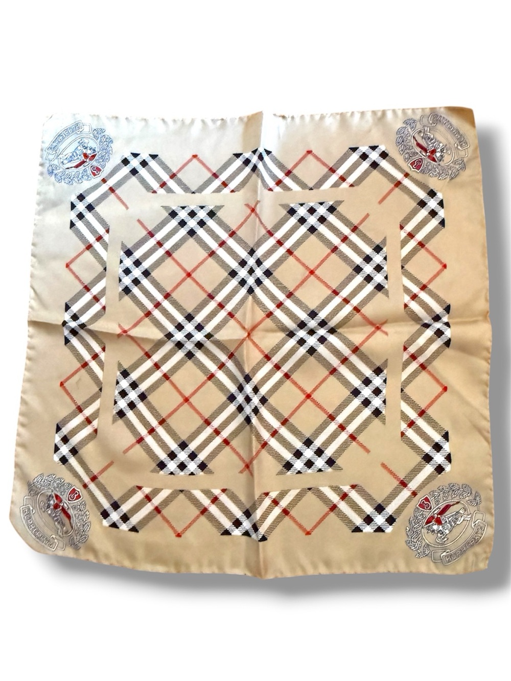 Burberry Beige Plaid Silk Pocket Square with Black and Red Accents. Brand New.